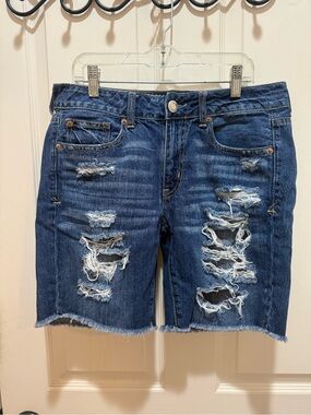 American Eagle Outfitters Tomgirl Bermuda Distressed Dark Blue Denim Shorts